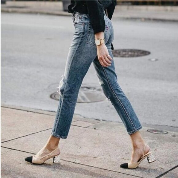 FOWT Light Apricot Rhinestone Chunky Heel Pumps Pointed Cap Toe Slingback Sandal - Picture 1 of 8